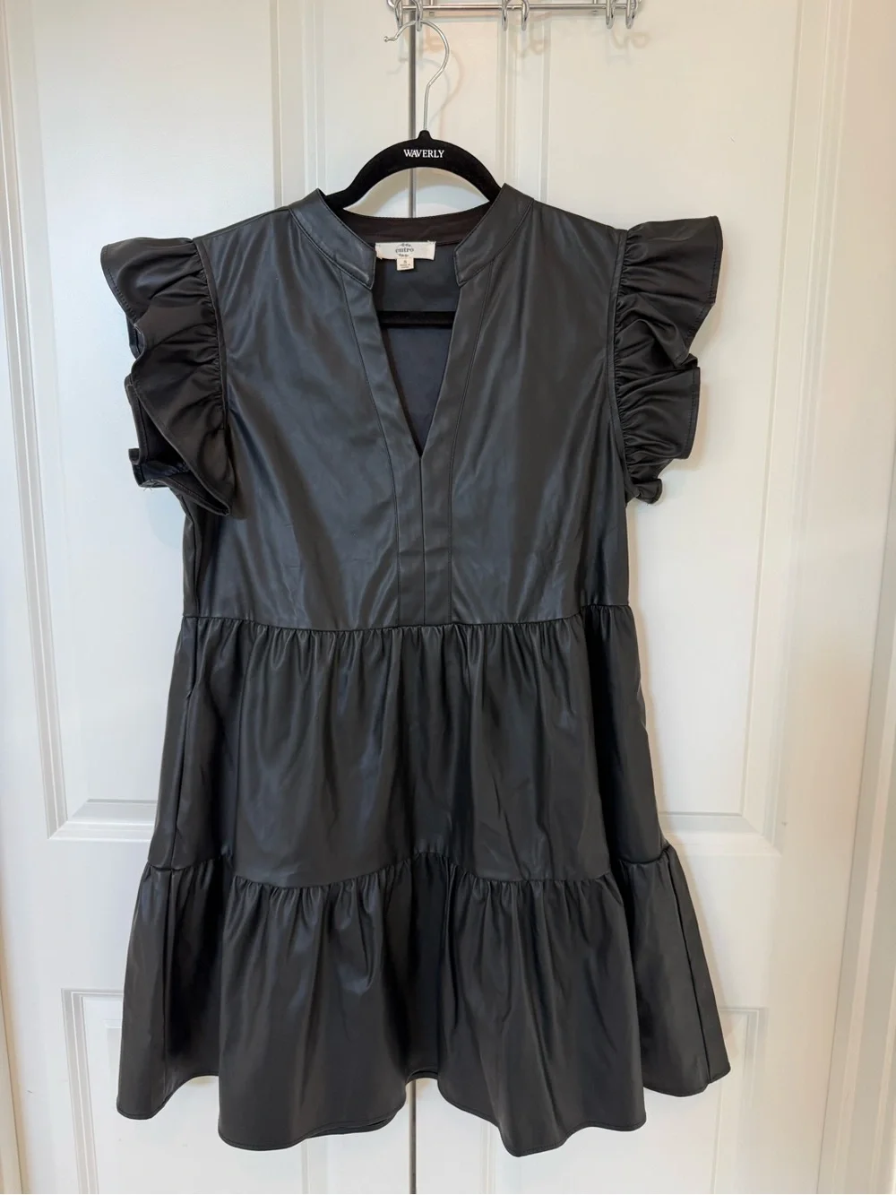 entro Black Faux Leather Ruffle Sleeve Tunic Dress